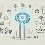 Oto prosty i nowoczesny obrazek, symbolizujący sztuczną inteligencję w przemyśle. Minimalistyczna forma z abstrakcyjnymi liniami i ikoną mózgu idealnie podkreśla temat artykułu bez zbędnych elementów.