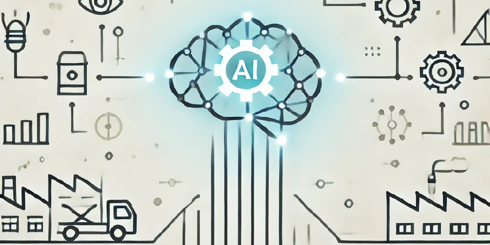 Oto prosty i nowoczesny obrazek, symbolizujący sztuczną inteligencję w przemyśle. Minimalistyczna forma z abstrakcyjnymi liniami i ikoną mózgu idealnie podkreśla temat artykułu bez zbędnych elementów.
