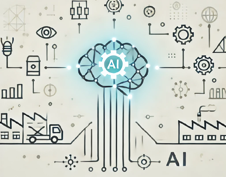 Oto prosty i nowoczesny obrazek, symbolizujący sztuczną inteligencję w przemyśle. Minimalistyczna forma z abstrakcyjnymi liniami i ikoną mózgu idealnie podkreśla temat artykułu bez zbędnych elementów.